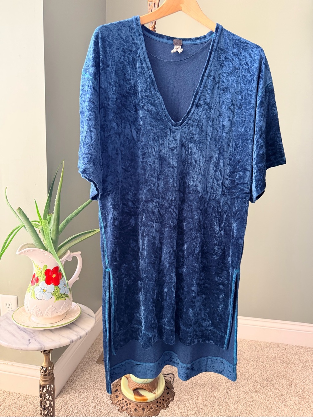 We The Free Free People Blue Crushed Velvet Midi T-Shirt Dress